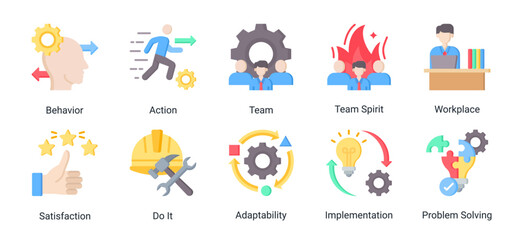 Fototapeta premium This kaizen icon set represents teamwork,workplace culture,and behavior-driven improvement.Ideal for HR,collaboration,leadership,and organizational development projects.
