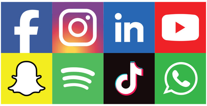 Latest social media logo set in flat style. facebook instagram linkedin youtube snapchat spotify tiktok whatsapp.