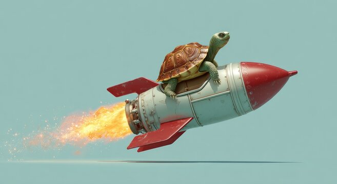 Turtle Riding Rocket Ship Achieving High Speed.