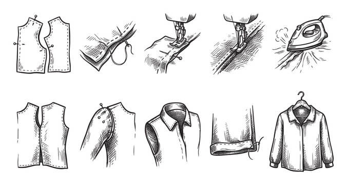This black and white sketch montage illustrates the process of making clothes, featuring sewing patterns, stitches, a sewing machine, and an iron, suitable for design and DIY content.