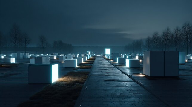 A surreal night landscape featuring a long stone pathway flanked by glowing, minimalist white cubic structures under a dark, moody sky with bare trees