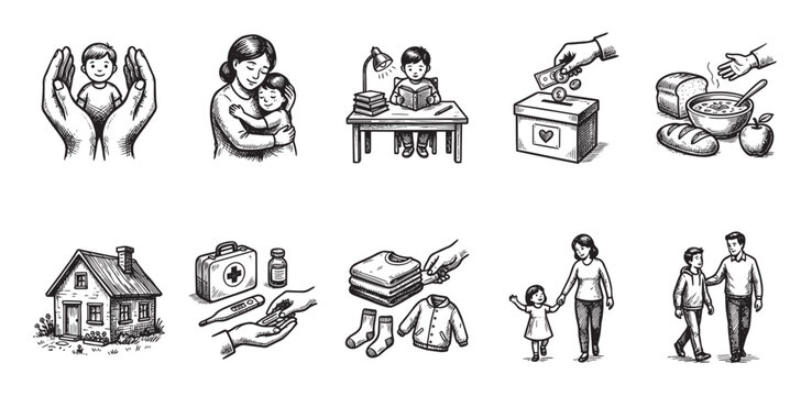 A collection of hand-drawn illustrations depicting acts of charity, kindness, and community support, including care for children, education, donations, and aid.