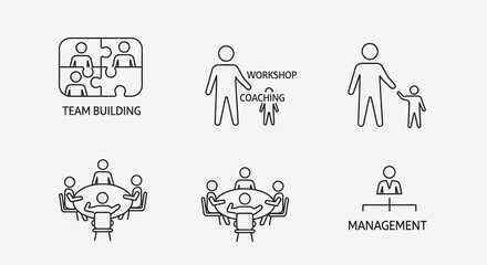 Fototapeta premium Team Building, Coaching, Management Icons: Business Collaboration and Leadership Concepts