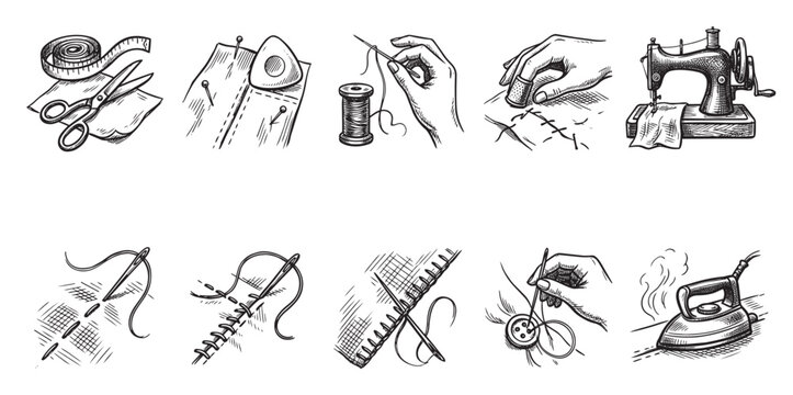 Collection of hand-drawn sketch icons illustrating various sewing and tailoring processes, including tools and techniques, with a vintage aesthetic.
