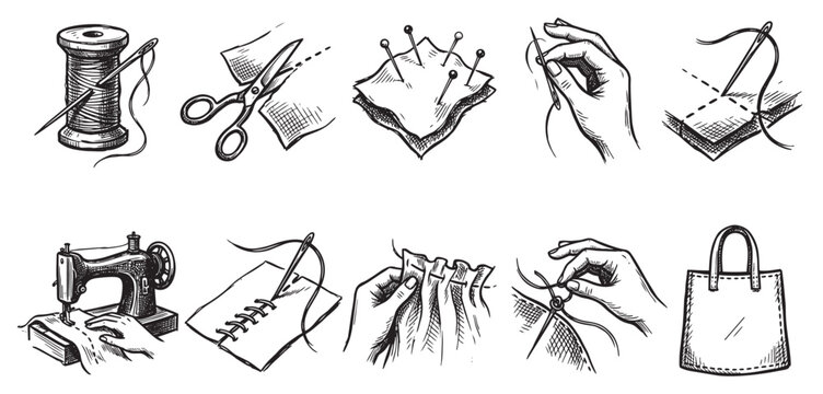 A set of ten hand-drawn sketch illustrations depict various sewing and crafting steps, from cutting fabric to stitching a bag.