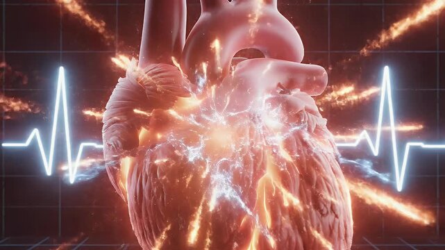 3D Animation of a Beating Human Heart with Glowing EKG Monitor Line