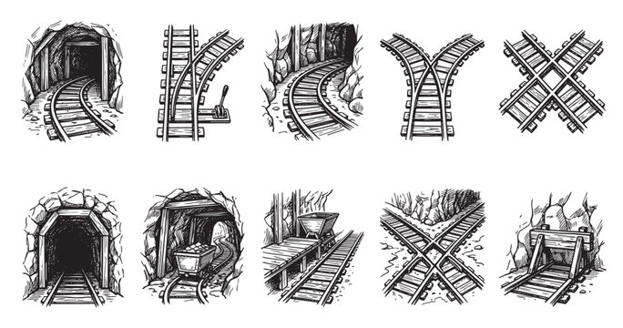 A collection of hand-drawn illustrations depicting mine cart tracks, switches, tunnels, and crossings in a vintage, sketchy style.