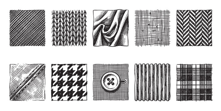 A collection of ten hand-drawn black and white illustrations of various fabric textures and patterns, perfect for design elements.