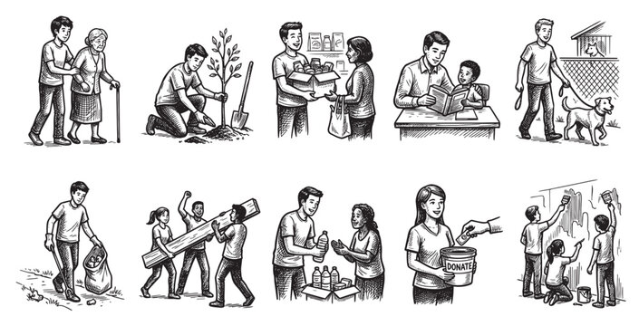 Diverse group of people engaged in selfless acts of kindness and community service, illustrated in a charming black and white sketch style.