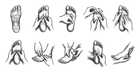 Fototapeta premium This illustrative graphic showcases various hand techniques for foot massage and reflexology, offering a visual guide to acupressure points and therapeutic touch for relaxation and well-being.