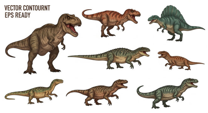Collection of Realistic Dinosaur Illustrations on White Background.