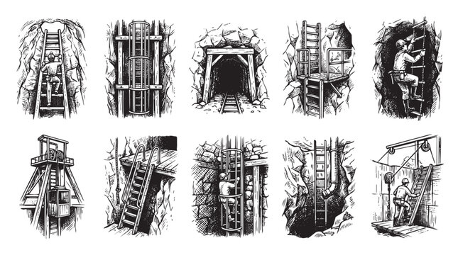 This collection of vintage illustrations showcases various aspects of the mining industry, featuring workers and equipment in action within subterranean environments.