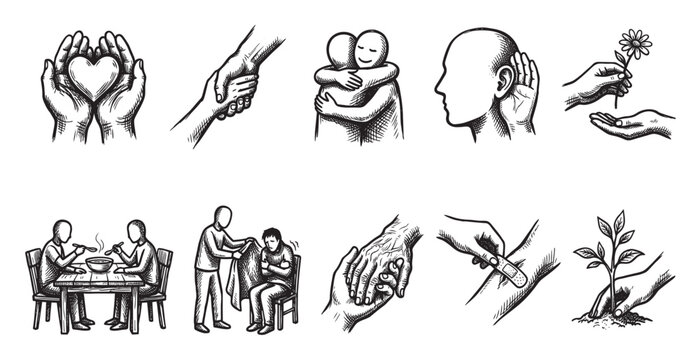 Collection of hand-drawn illustrations depicting gestures of kindness, compassion, charity, and healthcare, symbolizing support and growth in various situations.