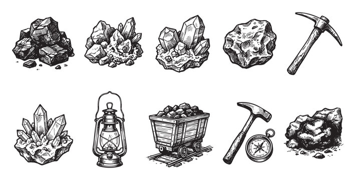 A hand-drawn collection of vintage mining illustrations including crystals, coal, pickaxe, hammer, lantern, cart, and compass for a prospecting theme.