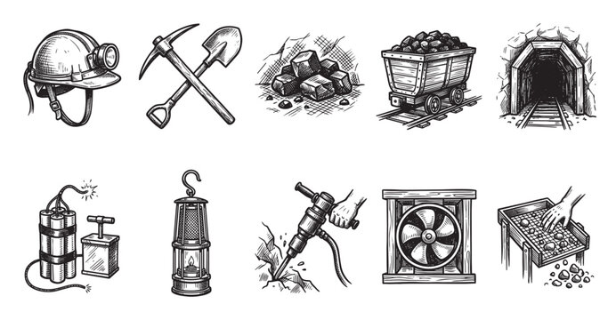 A hand-drawn set of vintage coal mining tools and elements including a helmet, pickaxe, shovel, coal, cart, tunnel, dynamite, lamp, jackhammer, fan, and sieve.