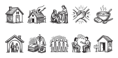 Fototapeta premium A set of line art illustrations depicting various acts of charity, kindness, and support, including housing, food, and community.