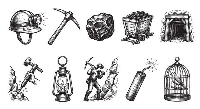 Collection of hand-drawn sketch elements related to mining, including a helmet, pickaxe, coal, cart, mine entrance, lantern, and explosives.