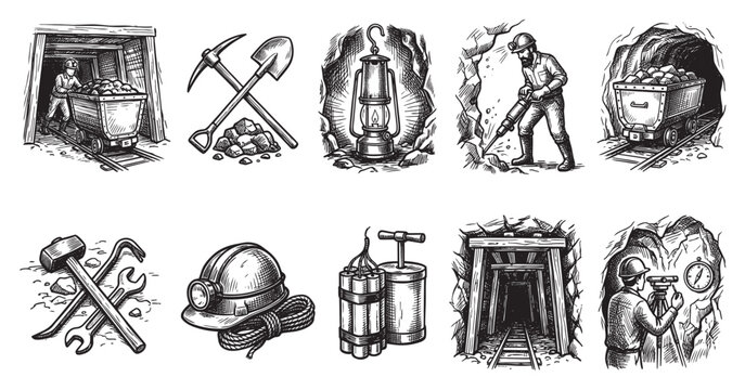A collection of hand-drawn vintage illustrations depicting various mining tools, equipment, and scenes, including miners, carts, and explosives in black and white.