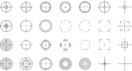 Crosshair Target Reticle Icon Set with Aim Focus Circle Grid Scope Marks for Shooting Games Precision Design Interface and Measurement Tools. © MstSuborna