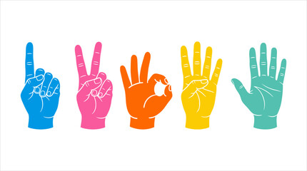 Fototapeta premium Colorful hand gestures showing numbers and the word love