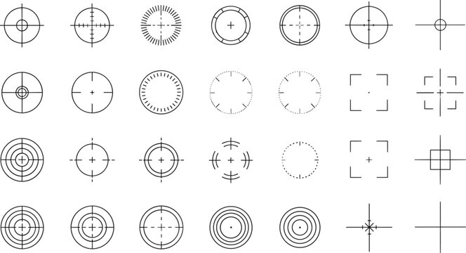 Crosshair Target Reticle Icon Set with Aim Focus Circle Grid Scope Marks for Shooting Games Precision Design Interface and Measurement Tools.