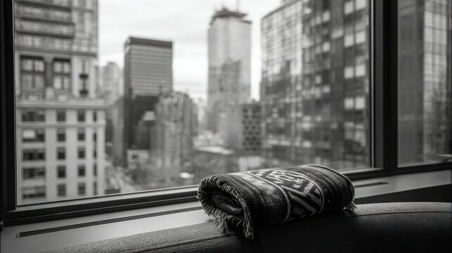 A folded geometric print blanket rests on a windowsill with a blurred urban cityscape view
