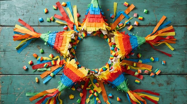 Colorful star-shaped pi?ata, vibrant paper strips, candy pieces scattered around, festive celebration decoration, symbolizing fun and party.