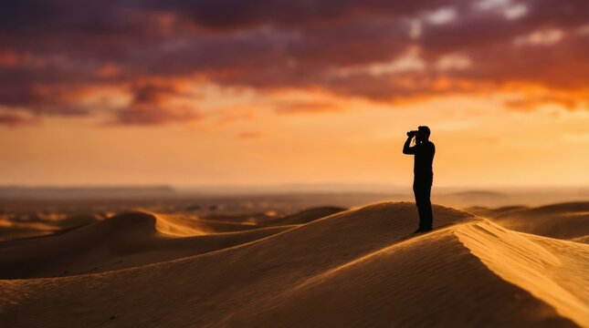 Silhouette of a person on dunes in a desert at sunset