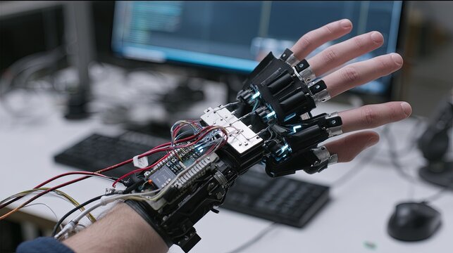 Closeup of a hightech robotic exoskeleton glove worn on a human hand, featuring complex electronic circuitry, sensors, and mechanical components for motion control