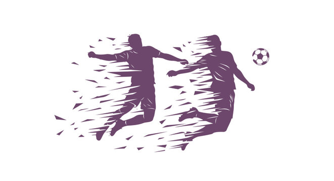 Soccer players are depicted in a stylized motion graphic featuring two athletes leaping to strike a ball with a dynamic disintegration effect that conveys high speed and intense competitive energy.