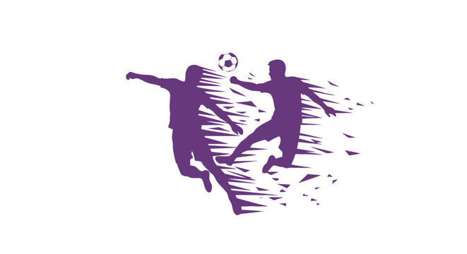 Soccer players are depicted in a dynamic purple silhouette style as they compete for an aerial ball during a professional match.