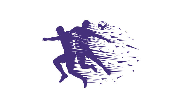 Soccer players are depicted in a dynamic purple silhouette style with motion lines trailing behind them as they compete for the ball on a clean white background.