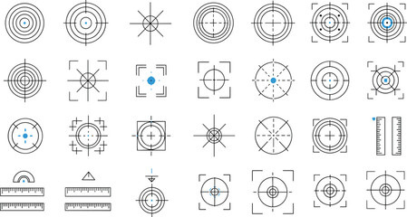 Fototapeta premium Crosshair Target and Measurement Icon Set with Aim Focus Grid Ruler Precision Alignment Symbols for Design Tools Interface and Technical Applications.