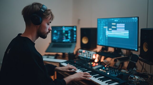 Young man music producer working in home studio with midi keyboard, headphones and computer, composing electronic music in professional recording studio