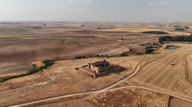 Aerial drone shot moving forward revealing abandoned castle in rural landscape
