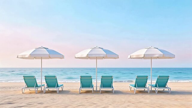 Beach chairs and umbrellas by ocean