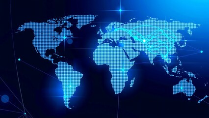 Obraz premium Blue Digital World Map Technology Background Global Worldwide Business Network Concept Futuristic Planet Earth Connection Grid Wallpaper