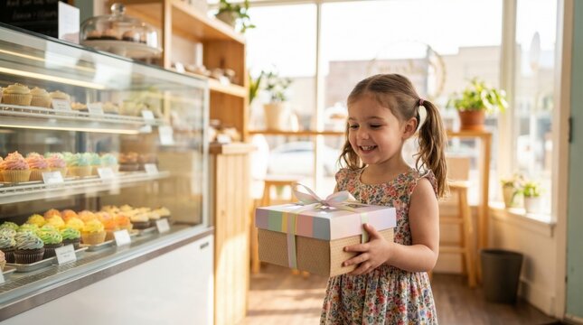 Young girl in a bakery holding a wrapped gift box with a smile