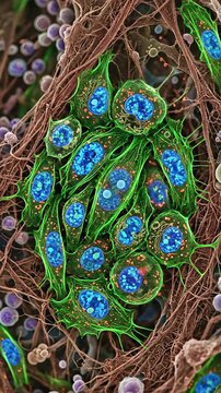 Stem cell differentiation, forming complex living tissue, revealing intricate cellular morphology, highlighting regenerative medicine, advanced scientific investigation, biological discovery.