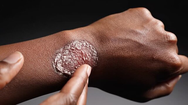 Psoriasis on dark skin, scaly patch on wrist being touched by finger