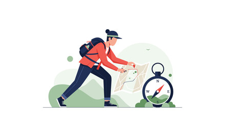 Fototapeta premium An adventurous hiker wearing a red jacket and backpack carefully studies a paper map while a large navigational compass rests on the green ground.