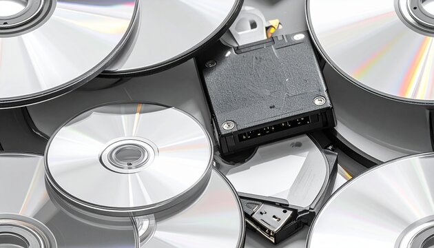 A close-up view of shiny CDs and a small computer component