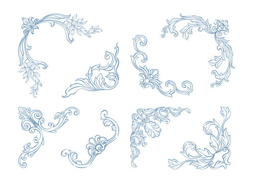 Vintage corner set. Baroque classic corner frames with hand drawn acanthus leaves and florals. Whimsical Victorian corners line art for wedding invitation decor, card, book cover, and save the date.