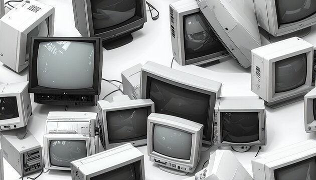 Multiple old monitors stacked together indoors