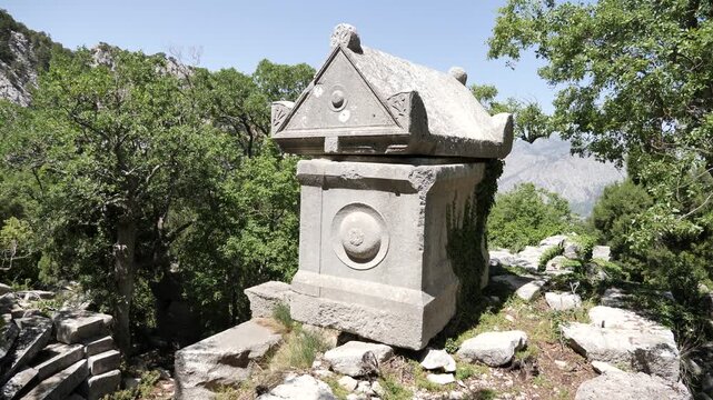 Stone tombs and sarcophagus termesos on sunny day. Northeast necropolis. Termessos. Turkey 