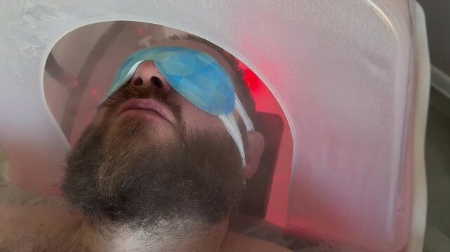 Bearded Man with Blue Eye Patches Lying Inside Japanese Head Spa Bowl with Purple UV LED Illumination, Luxury Scalp Steaming and Chromotherapy Ritual in Premium Beauty Salon, Male Wellness Treatment 