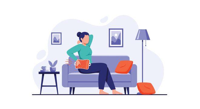 A woman sits on a purple sofa while applying a warm orange heating pad to her lower back to relieve muscle pain and discomfort in a cozy living room.