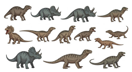 Collection of diverse dinosaur illustrations in various poses. © yanto