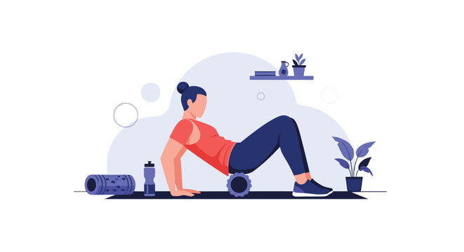 A dedicated woman wearing a red tank top uses a textured blue foam roller to massage her lower back while sitting on a dark yoga mat in a bright room.