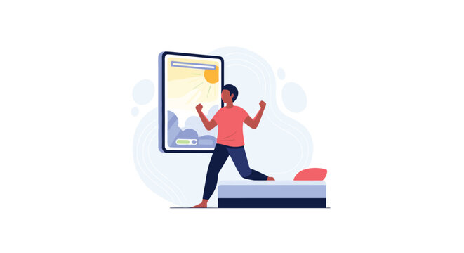 An energetic person wearing a red shirt and dark pants jumps out of bed with excitement as a large digital tablet displays a bright sunrise alarm app.